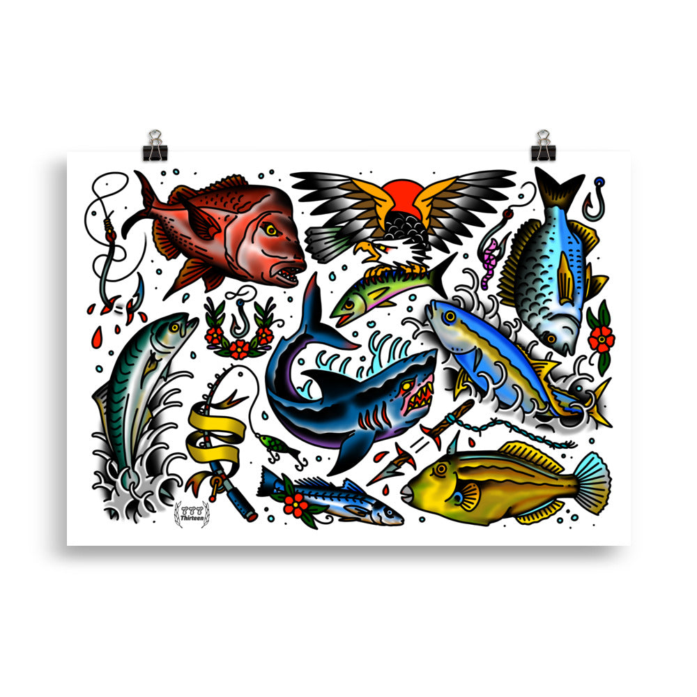 FISHING Tattoo Flash - Art Print – 777 thirteen, image size:1000x1000