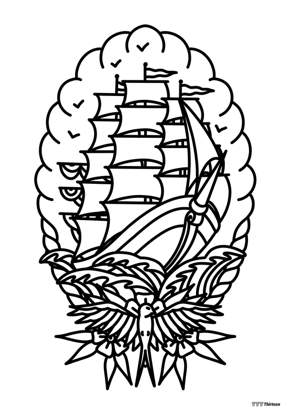 SHIP, CLOUDS & SWALLOWS Colouring Sheet