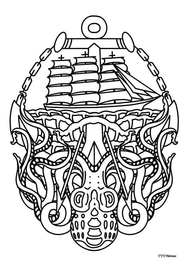 KRAKEN AND SHIP Colouring Sheet