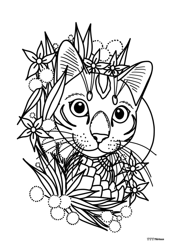 CAT & FLOWERS Colouring Sheet