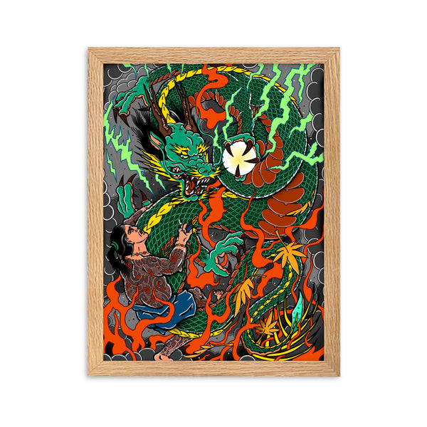 MAN VS DRAGON Framed Art Print